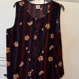 CAbi Navy and Burgundy Floral Striped Sleeveless Blouse
